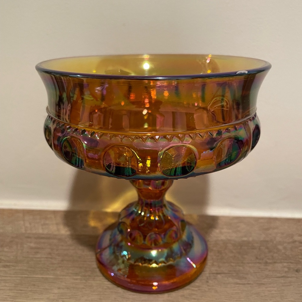 Indiana Kings Crown Carnival Glass Thumbprint Amber Compote Pedestal Candy Dish